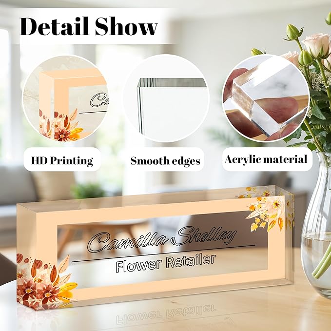 Ship Next Day Personalized Name Plate for Desk, Custom Acrylic Desk Name Sign, Office Appreciation Gifts for Women Men Coworkers Boss Teacher Employee (Yellow-Floral)