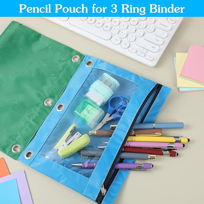 24 Pack Pencil Pouch for 3-Rings Binder, 3-Holes Zipper Pencil Pouches in Assorted Colors, Sturdy and Resuable Cloth Holder with Clear Window for Office Supplies