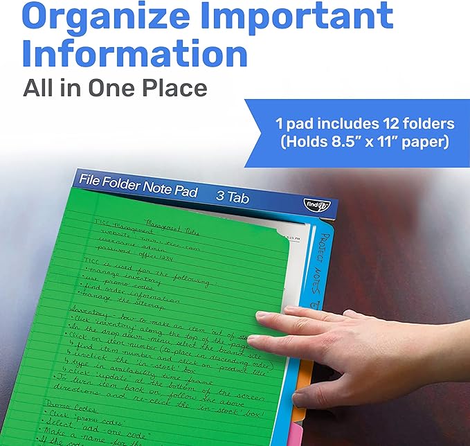 Find It File Folder Notepad - Pack of 36-9.5 x 12.5 Inch Notebook Organizer Folders for Filing, Document, and Clipboard Organization - Assorted Neon Colors