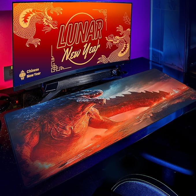 GUNMJO Dragon on fire Extended Gaming Mouse Pad, Ultra-Smooth Surface for Pixel-Precise Mouse Control, Durable Anti-Fray Stitching, Non-Slip Rubber Base, for Gamer, Office & Home, Light & Portable