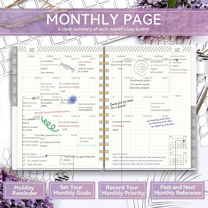 Planner 2026 -Weekly and Monthly Planner, AIMPEAK 2026 Daily Planner with Tabs, Jan. 2026 - Dec. 2026, Calendar Planner for Women, Purple Marble, 5.5" x 8.5"