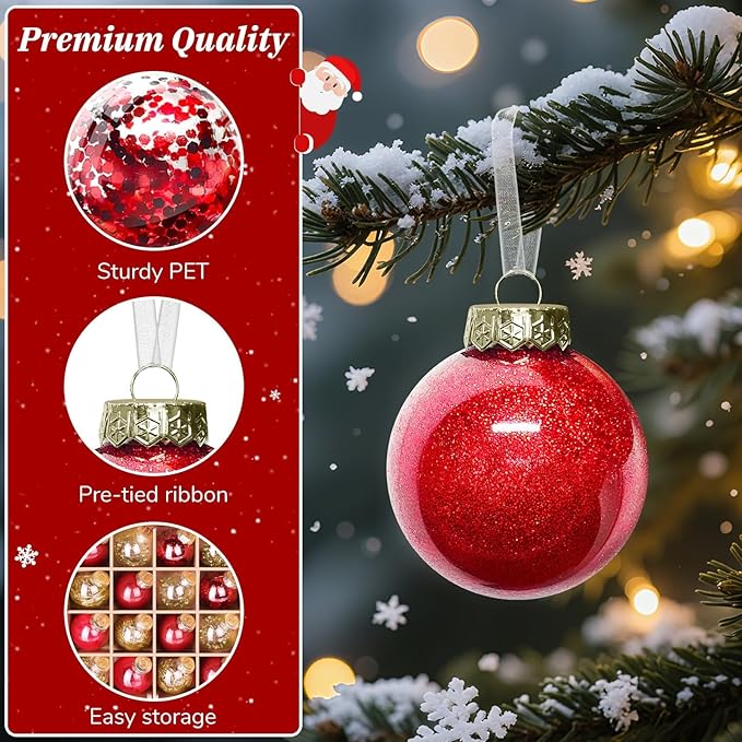 DeckTheHalls Christmas Ball Ornaments Set, 16-Piece Clear Xmas Decor for Crafts, Reusable DIY Festive Tree Decorations, Easy Hang Unbreakable Ornaments for Holiday, Party, Wedding (Red & Gold)