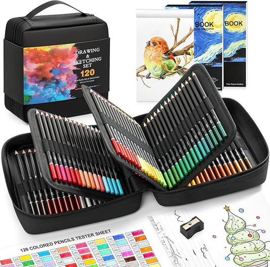 120 Pack Colored Pencils for Adult Coloring Books, Soft Core Oil Based Color Pencils with Sketch Book, Color Book, Art Supplies with Zipper Case, Gifts for Kids, Adults, Artists, Professionals