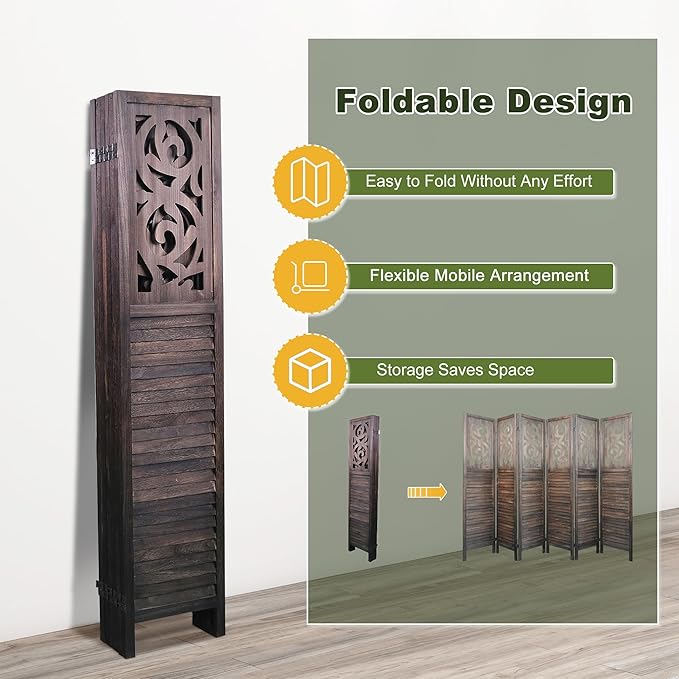 NicBex 6 Panel Room Divider,5.6FT Wood Carved Room Dividers,Folding Privacy Screens Portable Freestanding Partition Wall Dividers for Room Separation,Home Bedroom Office,Rustic Brown