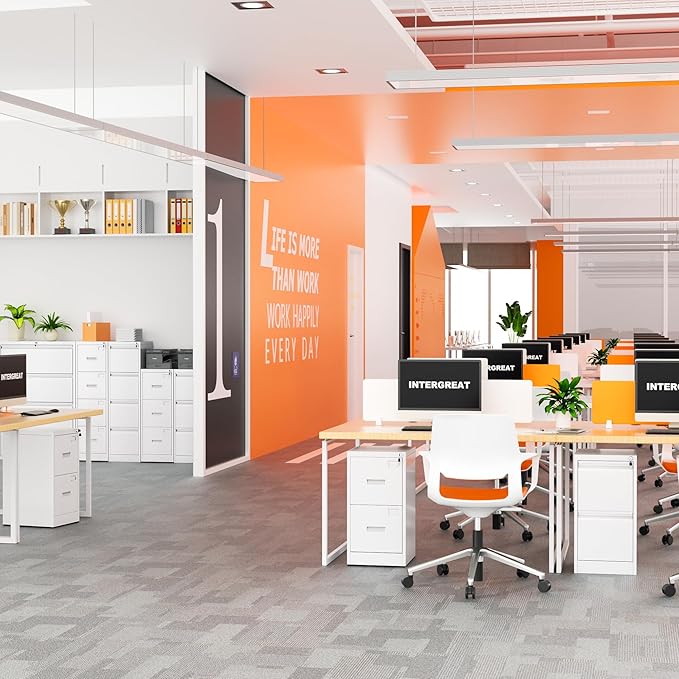 INTERGREAT 4 Drawer File Cabinet, White Metal Filing Cabinet with Lock, Tall Locking File Cabinets with 4 Adjustable Hanging Frame for Home Office