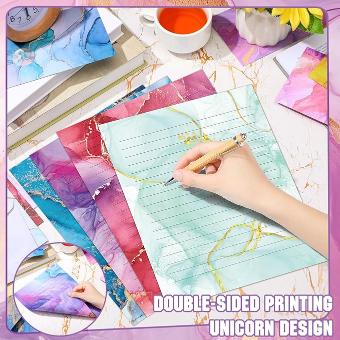 TaoBary 160 Pcs Stationery Paper Set 50 Double Sided Stationery Papers with 50 Matching Envelopes and 60 Round Dot Sticker, 10 Design(Marble,8.5 x 11 Inch)