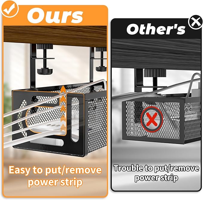 Under Desk Cable Management Tray, 15.7'' No Drill Steel Desk Cable Organizers, Wire Management Tray Cable Management Rack (1 Pack-Black)