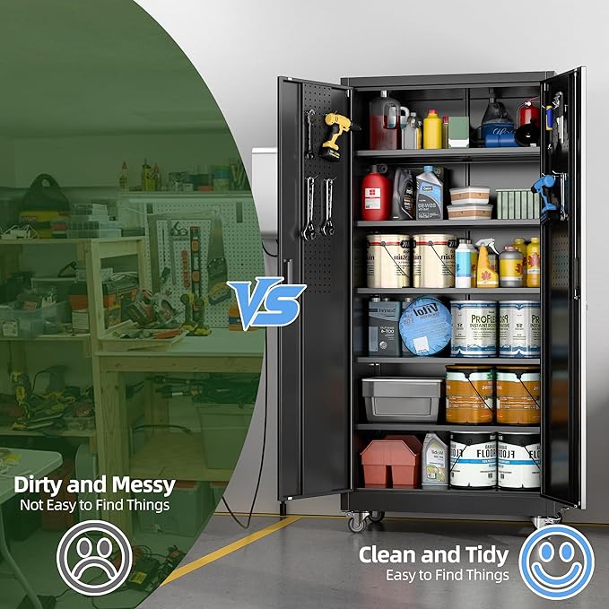 Aobabo Upgraded Garage Storage Cabinets with Wheels,Metal Storage Cabinets with 5 Adjustable Shelves for Garage Home Office Storage, Black,71''H*34''W*18''D,Assembly Required