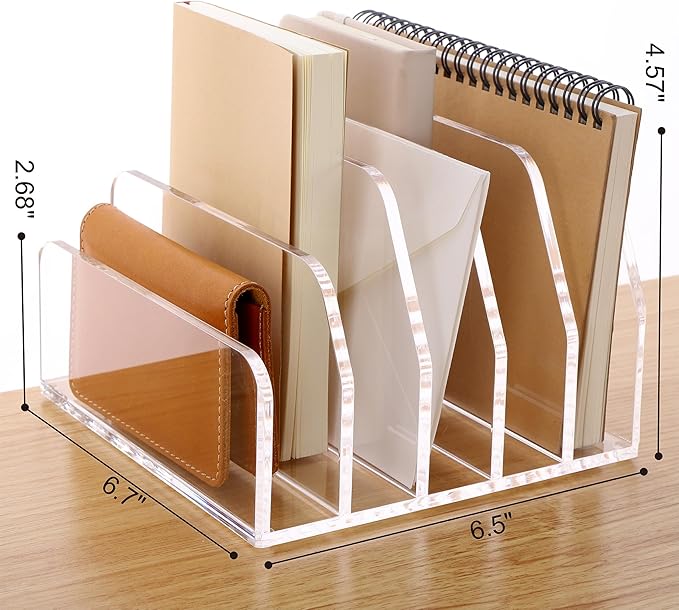 SANRUI Acrylic Desk File Organizer Holder for Desk, Clear Laddered 5 Upright Compartments Mail Sorters, Multifunction Desktop Envelope Folder Racks Document Holders for Office, Home, School