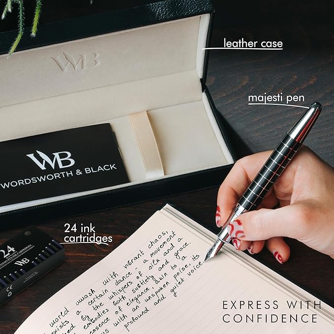 Wordsworth & Black Majesti Fountain Pen-(Checked), Luxury Case, Chrome Finish; Fine Nib- Ink Cartridges, Refillable Ink Converter-Calligraphy Pen-Best Business Gift Set for Men & Women