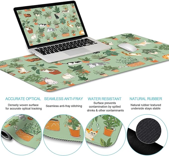 Cat Mouse Pad XXL Desk Mat Set, Green Ergonomic Mouse Pad with Wrist Rest, Large Gaming Mousepad Wrist Support Keyboard Mat Cup Coaster Set Cute Office Desk Decor Accessories