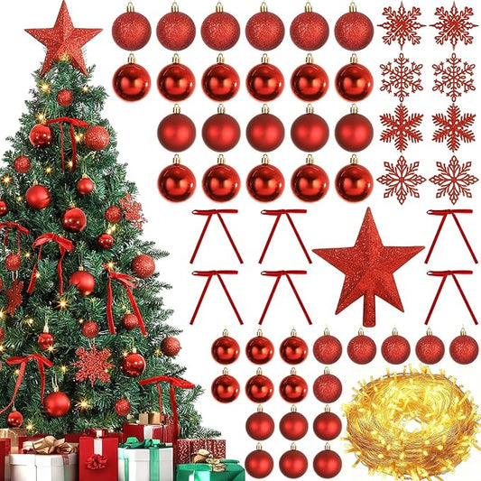 86Pcs Led Light Red Christmas Tree Decorations Set 100 Led Light Christmas Star Trees Topper with String Lights Xmas Balls Snowflakes Ornaments Bows Xmas Trees Decor 20m Light String