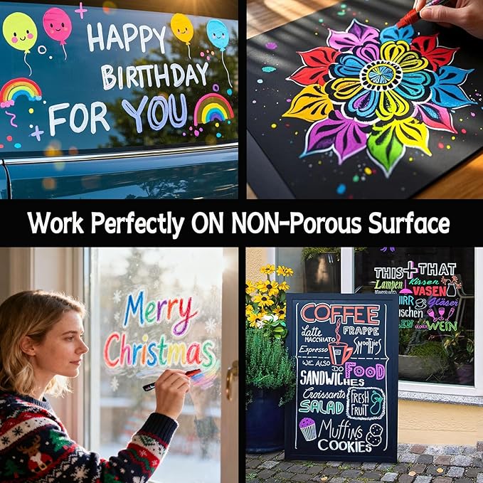 Window Chalk Markers for Cars Glass Washable, 2 boxes X 8 Colors Liquid Chalk Marker Pens with 7mm 2 in 1 Nib Wide Tips, Big Chalkboard Markers Car Window pens