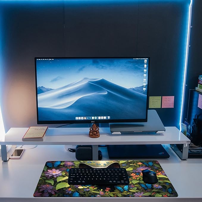 Desk Pad, Cute Black Cat Desk Mat, Cat Among Butterfly Flowers Large Gaming Mouse Pad for Desk, 31.5"x15.7" Extended Big Computer Keyboard Mouse Pad with Non-Slip Base and Stitched Edge