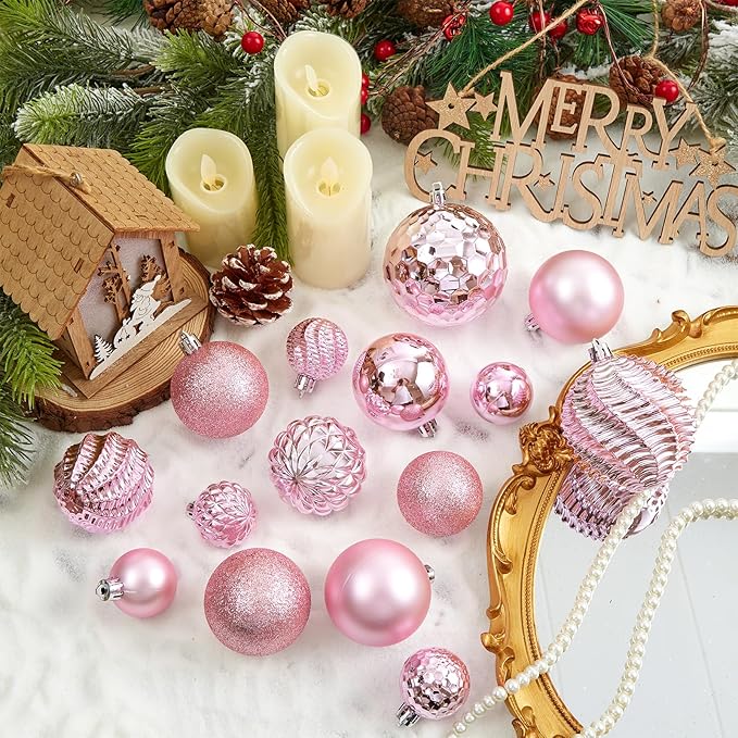 Christmas Balls Ornaments -36pcs Shatterproof Christmas Tree Decorations with Hanging Loop for Xmas Tree Wedding Holiday Party Home Decor,6 Styles in 3 Sizes(Pink)