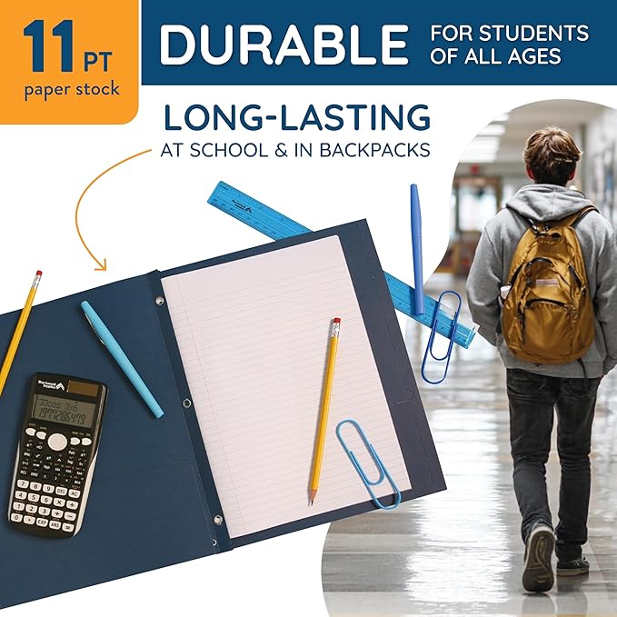 Blue Summit Supplies 100 Paper Two Pocket Folders with Prongs, 2 Pocket Folders Bulk 100 Pack, Assorted 5 Colors, 3 Prongs for Letter Size Paper, Designed for Office and Classroom