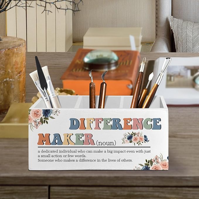 Difference Maker Gift, Office Decor for Women, Pen Pencil Holder Organizer for Desk Accessories, Appreciation Thank You Gifts for Teachers Boss Leader Coworkers Wooden Box Sign