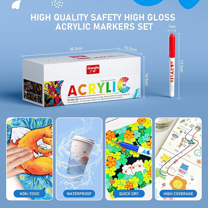 168 Colors Acrylic Paint Markers, Acrylic Ballpoint Pens Bullet Tip 1.0 mm, High Gloss Gel Pens, Non-Bleed Ink, Odorless, Quick-Drying, Smoothly for Detail Work, Writing, Doodling, Note taking