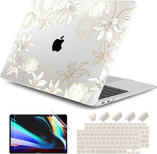 DONGKE Compatible with MacBook Air 13 inch Case 2021 2020 2019 2018 Release A2337 M1 A2179 A1932 with Retina Display Touch ID, Plastic Hard Shell & Keyboard Cover - Golden Florals