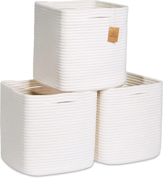 NaturalCozy Storage Cubes 11 Inch Cotton Rope Woven Baskets for Organizing, 3-Pack | Cube Storage Bin | Square Storage Baskets for Shelves Organizer, Classroom, Kids Toy Bins, Closet, Baby Nursery