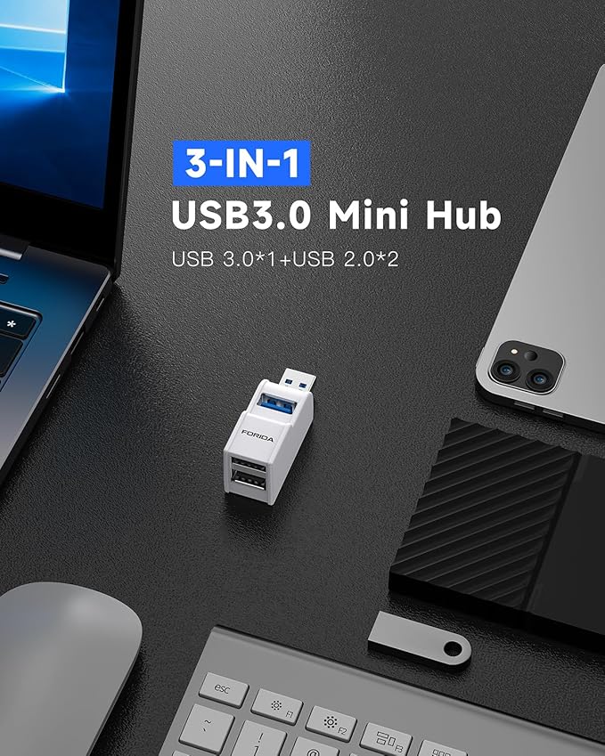 Mini USB Hub 3-Port USB Splitter 1 in 3 Out, USB Expander Adapter with USBA 3.0 Data Transfer Port, 2 USB 2.0 Ports Hub, USB Dongle for PC, Laptops, Keyborad, Mobile Hard Disk and More