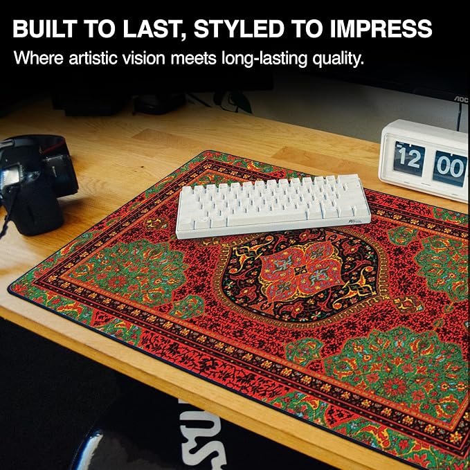 MPCO. Arabic Textiles Large Gaming Desk Pad - 36" x 17" Aeroglyde Fabric Crimson-Lotus Desk Mats - Non-Slip, Washable, Smooth Glide for Precision Gaming & Work