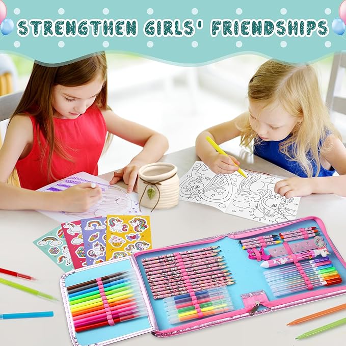 Unicorn Washable Markers Set with Glitter Pencil Case, Art Supplies for Kids Ages 4 5 6 7 8 9 10 Years Old, Arts Crafts Coloring Set with Crayon Pencil Gel Pen Stickers, Birthday Gifts for Girls 4-6-8
