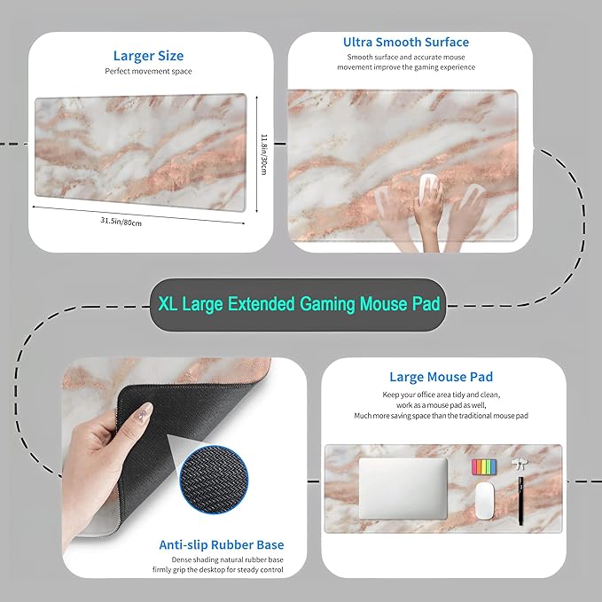Cute Desk Mat Rose Gold Marble Mouse Pad Gaming XL Large Extended Desk Matt for Desktop Aesthetic Desk Pad, Laptop Keyboard Mouse Mat for Women Office Desk Decor Accessories Deskmat 31.5x11.8 in