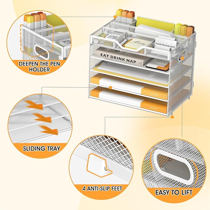 5 Tier Paper Letter Tray with 3 Drop-in Pen Holders, Mesh Desk File Organizer with Handle, Desk Organizers and Accessories for School,Home, Office Supplies Storage-White