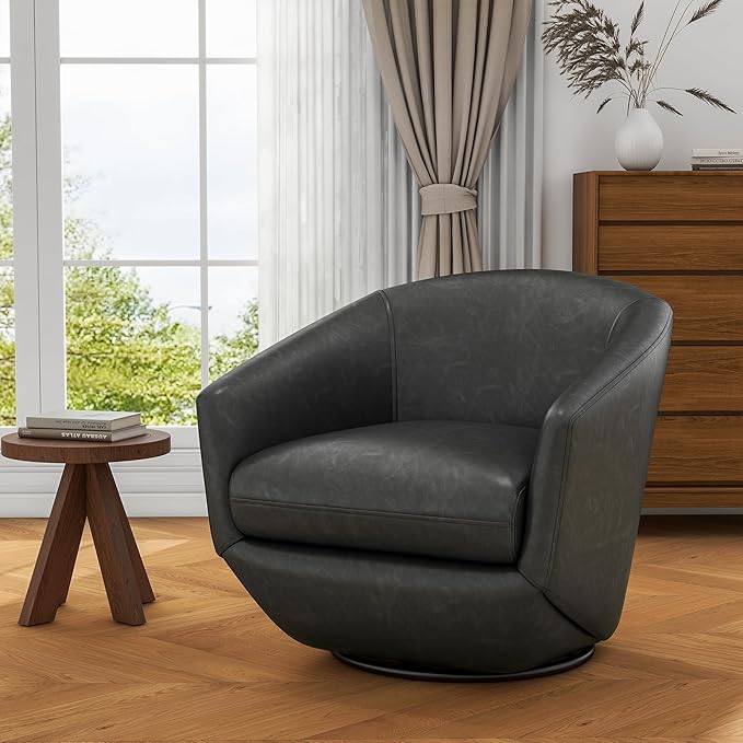 UIXE 360° Swivel Barrel Accent Chair, PU Leather Upholstered Club Armchair for Living Room, Modern Round Arm Chair Single Sofa Bedroom Reading Seating (Black)