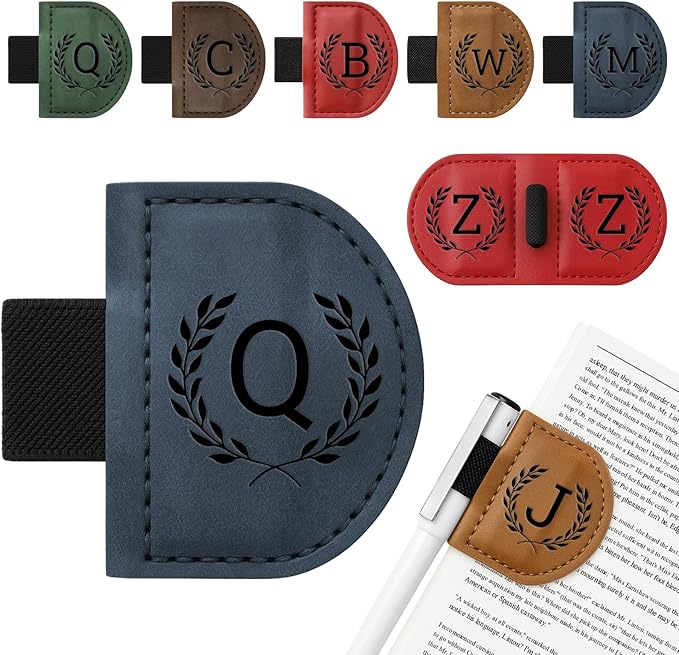 Personalized Bygone Mark Bookmark with Pen Holder,Engraving Leather Magnetic Bookmarks Vintage 26 Letters Name Initials Text Book Marker Clips Gifts for Reading Book Lovers Women (Blue, Q)