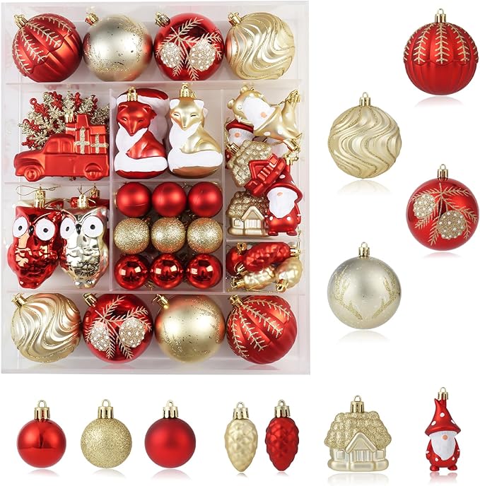 Red and Gold Christmas Ornaments Set, 75PCS Shatterproof Christmas Ornaments, Assorted Xmas Tree Hanging Ornaments for Christmas Trees, Holiday, Thanksgiving Party Decor(Red & Gold)