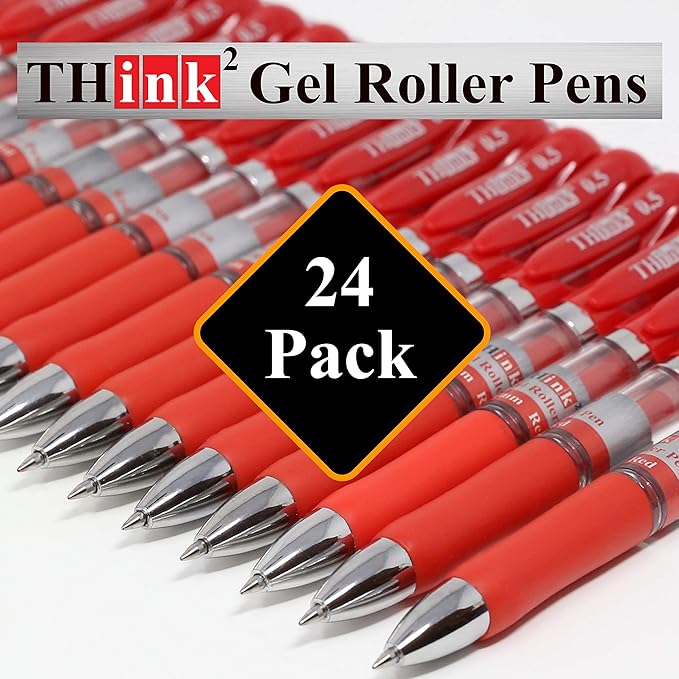 [24 Pens - Red Ink] Think2 Retractable Gel Pens. (24 Red) Fine Point (0.5mm) Rollerball Pens with Comfort Grip. PLEASE REMOVE THE WAX TIP ON THE POINT OF THE PEN BEFORE USING THE PEN.