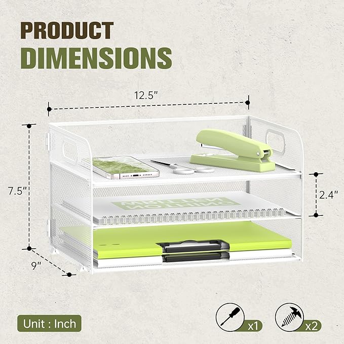 Daltack 3-Tier Paper Organizer With Handle, Mesh Desk Letter Tray for A4 File Folder, White