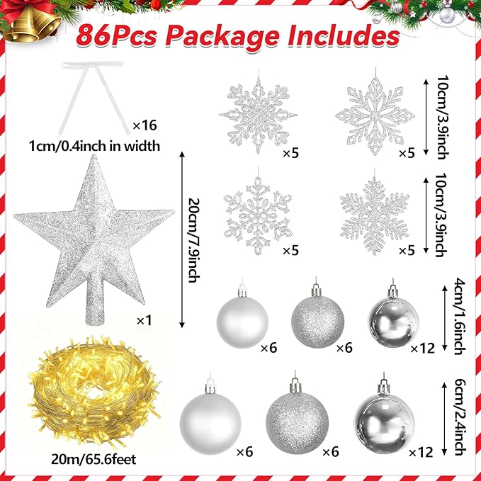 86Pcs Led Light Silver Christmas Tree Decorations Set 100 Led Light Christmas Star Trees Topper with String Lights Xmas Balls Snowflakes Ornaments Bows Xmas Trees Decor 20m Light String