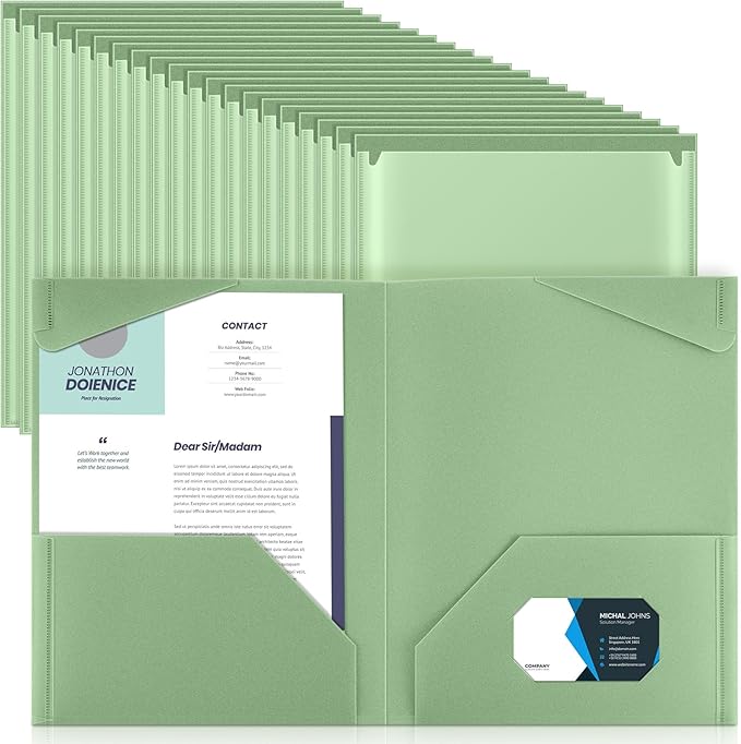 Henoyso 60 Pcs Plastic Folders with Clear Front Pockets Heavy Duty File Folders with 2 Pockets and Card Slot for Student Communication School Office Presentation Report (Sage Green)