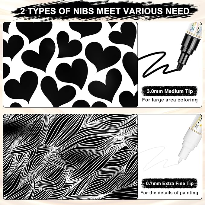 Paint Markers Paint Pens - 2 Pack Dual Tip Acrylic Permanent Marker (0.7mm & 3mm), Non-Toxic, Water-Based for Art Painting, Stone, Ceramic, Glass, Wood, Fabric, Metal, DIY Crafts (Black/White)
