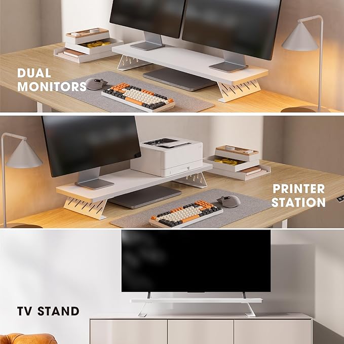 Fenge Monitor Stand Riser, Desk Top Shelf for 2 Monitors, Computer Stands for Desk, Wood & Steel Desktop Riser for Laptop, PC, Printer