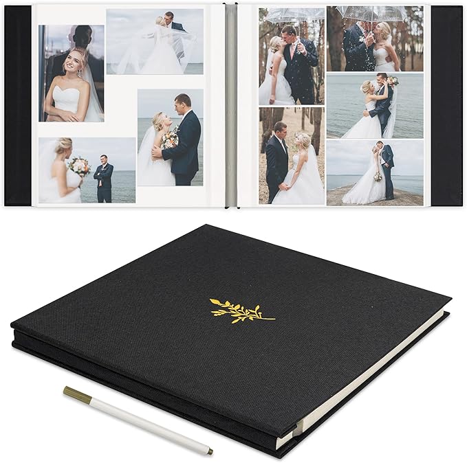 Self Adhesive Photo Album, Black Scrapbook Album with DIY 60 Blank Pages, Wedding Photo Album with A Metallic Pen for 4x6 5x7 2x3 Pictures, 10.6"x11"