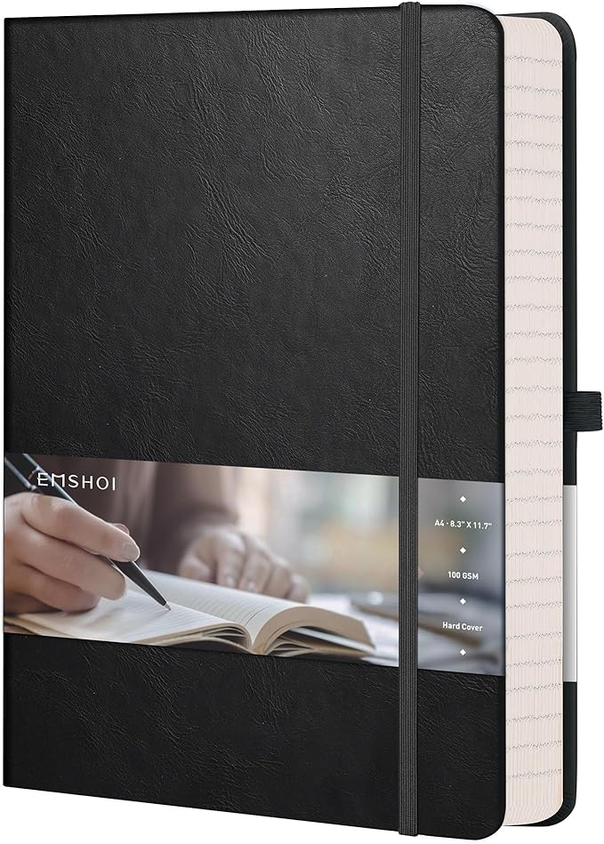 EMSHOI Graph Paper Notebook, A4 Large 8.3" x 11.7" Hardcover Leather Journal for Women Men, 192 Pages 100 GSM Grid Paper Journals for Writing, Graph Notebook for Work, Graphing, Engineering, Black