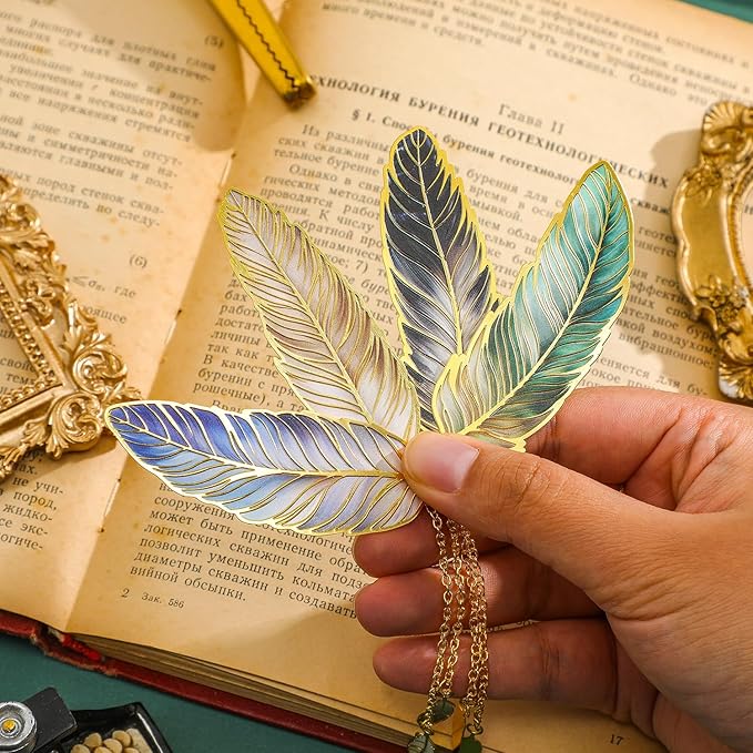 4 Pieces Metal Feather Bookmarks with Chain, Birthday Gifts Book Mark Bookmarks for Book Lovers Writers Readers Children Teens Men Women Adults Teacher
