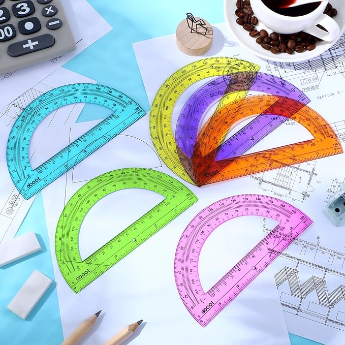 EBOOT 24 Pack Plastic Protractors Math Protractor 180 Degrees 6 Inch (Multi Colors)