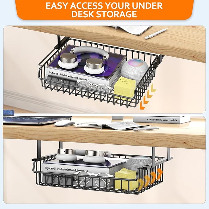 Under Desk Drawer, Slide Out Design,No Drill Metal Under Desk Cable Management, Under Table Storage Shelf Tray Basket Under Table Drawer Organizer for Office, Home, Workspace, Cabinet