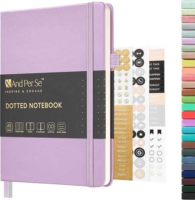 &And Per Se Dotted Journal Notebook, A5 Hardcover Leather Bullet Dotted Journal, 160 Pages 100 gsm Thick Paper, 3 Sheets of Stickers Included- 5.7'' x 8'' (Light lavender)