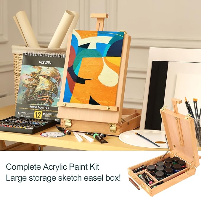 VISWIN 62 Pcs Acrylic Paint Set with Easel Box, Painting Kit with 24 Acrylic Paints, Canvases, Brushes, Palette, Paper Pad, Art Supplies, Art Set Gift for Adults, Kids, Beginners, Artists