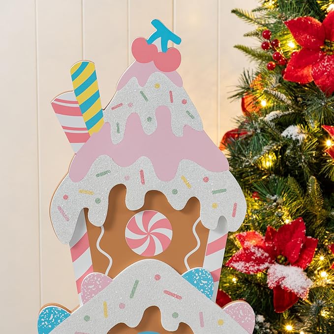 Glitzhome 35" H Wooden Christmas Gingerbread House Porch Decor With Welcome Message, Farmhouse Rustic Freestanding Xmas Gingerbread Sign with Base, Indoor & Outdoor Front Door Yard Holiday Decor