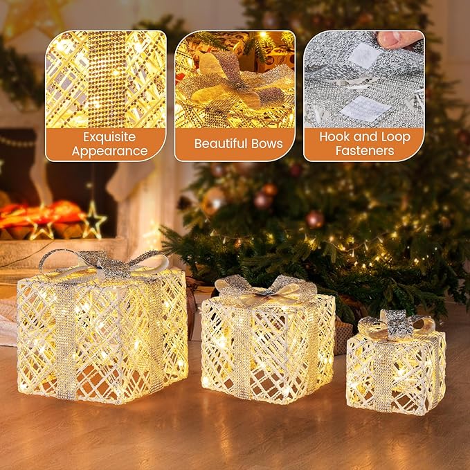 Tangkula Set of 3 Lighted Box, Pre-Lit Festive Boxes w/ 50 LED Lights, Detachable Bows & Sparkling Crystals, Indoor Outdoor Rope-Woven Present Boxes for Yard, Home