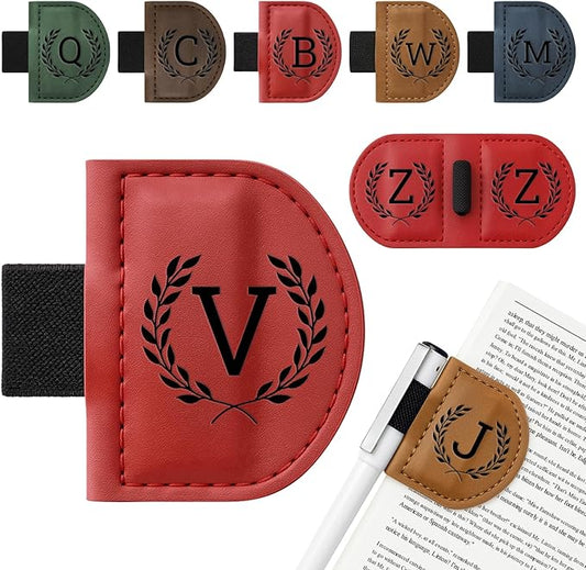 Personalized Bygone Mark Bookmark with Pen Holder,Engraving Leather Magnetic Bookmarks Vintage 26 Letters Name Initials Text Book Marker Clips Gifts for Reading Book Lovers Women (Red, V)