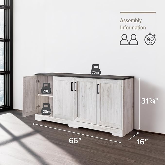 Prepac Rustic Ridge 4 Door Console Table with Storage, Washed White Storage Cabinet with Doors and Shelves, Sideboard Storage Cabinet 66" W x 31.75" H x 16" D, ACBG-1620-1
