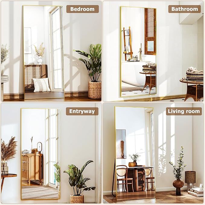 Full-Length Mirror, 24"x68" Floor Mirror with Stand, Wall-Mounted Mirror for Bathroom, Dressing Room - Hanging or Leaning - Full Body Mirrors for Bedroom, Gold